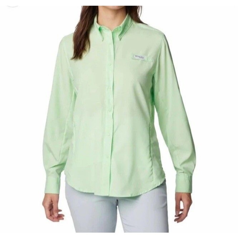 Columbia PFG Tamiami II Long Sleeve Shirt Women Medium Mint Green Fishing UPF 40